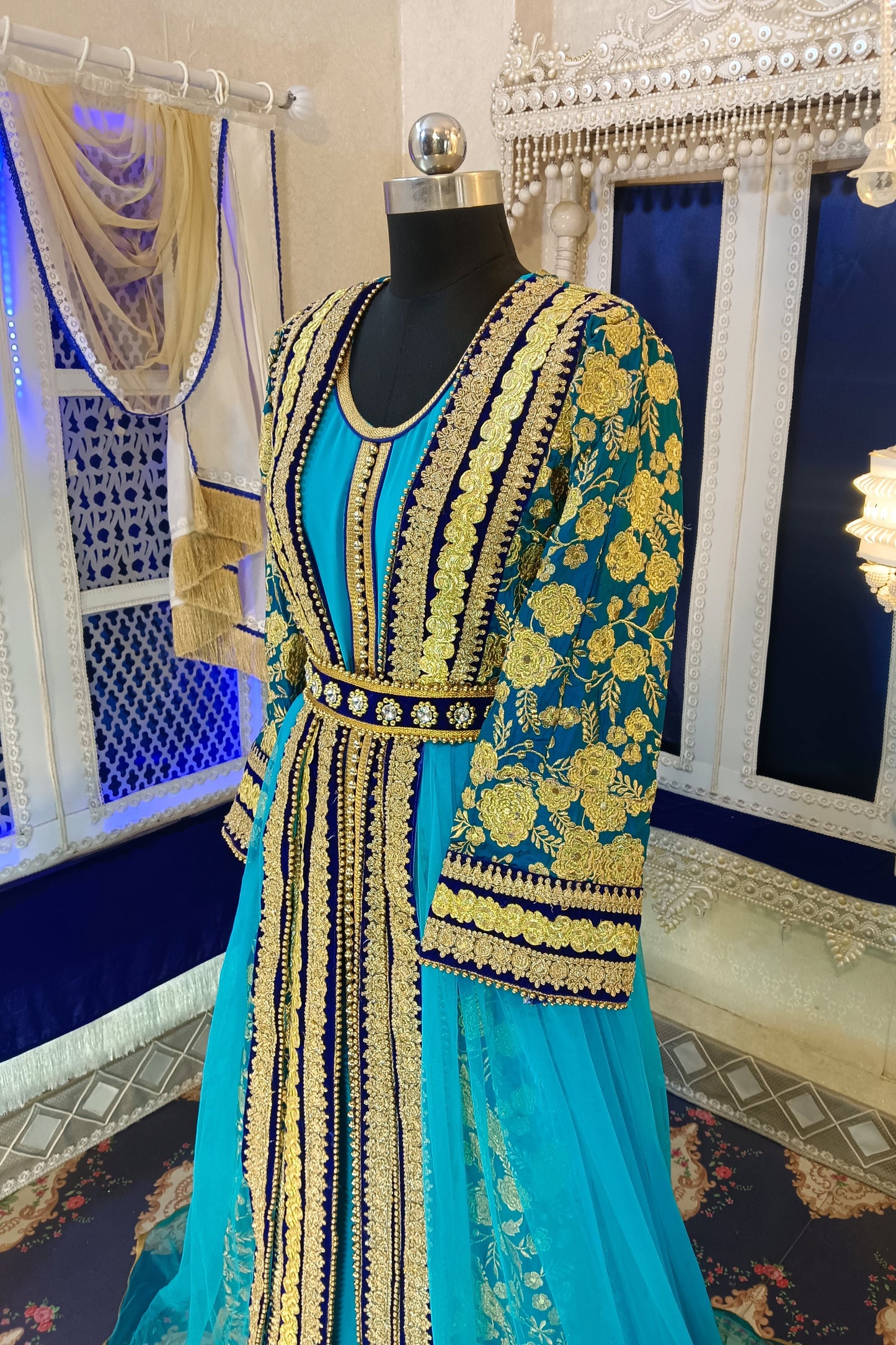 Blue and Firozi Islamic Moroccan Embroidery Kaftan