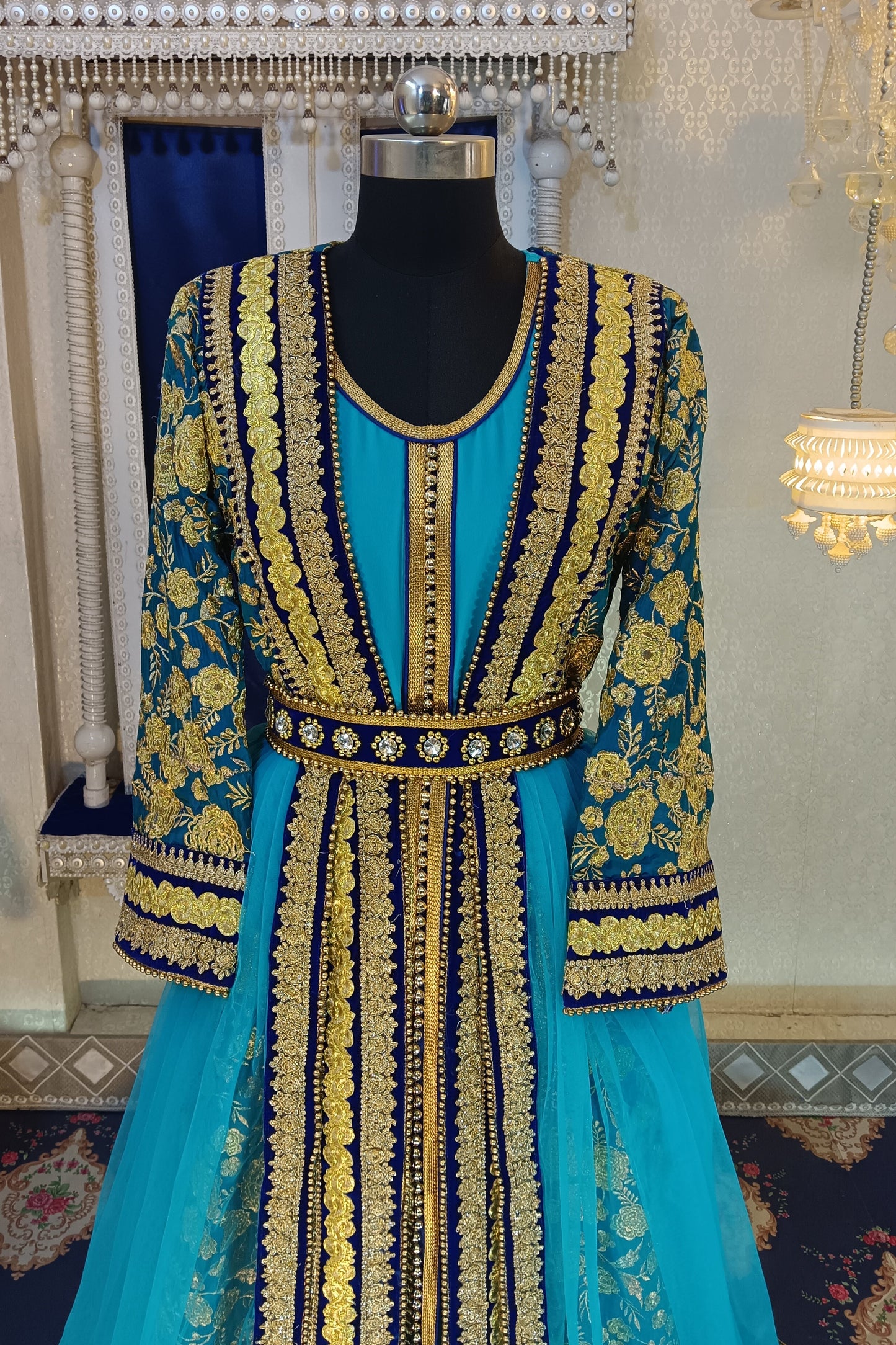 Blue and Firozi Islamic Moroccan Embroidery Kaftan