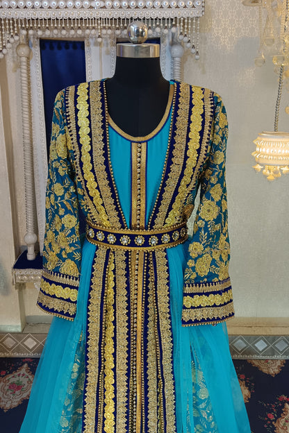 Blue and Firozi Islamic Moroccan Embroidery Kaftan
