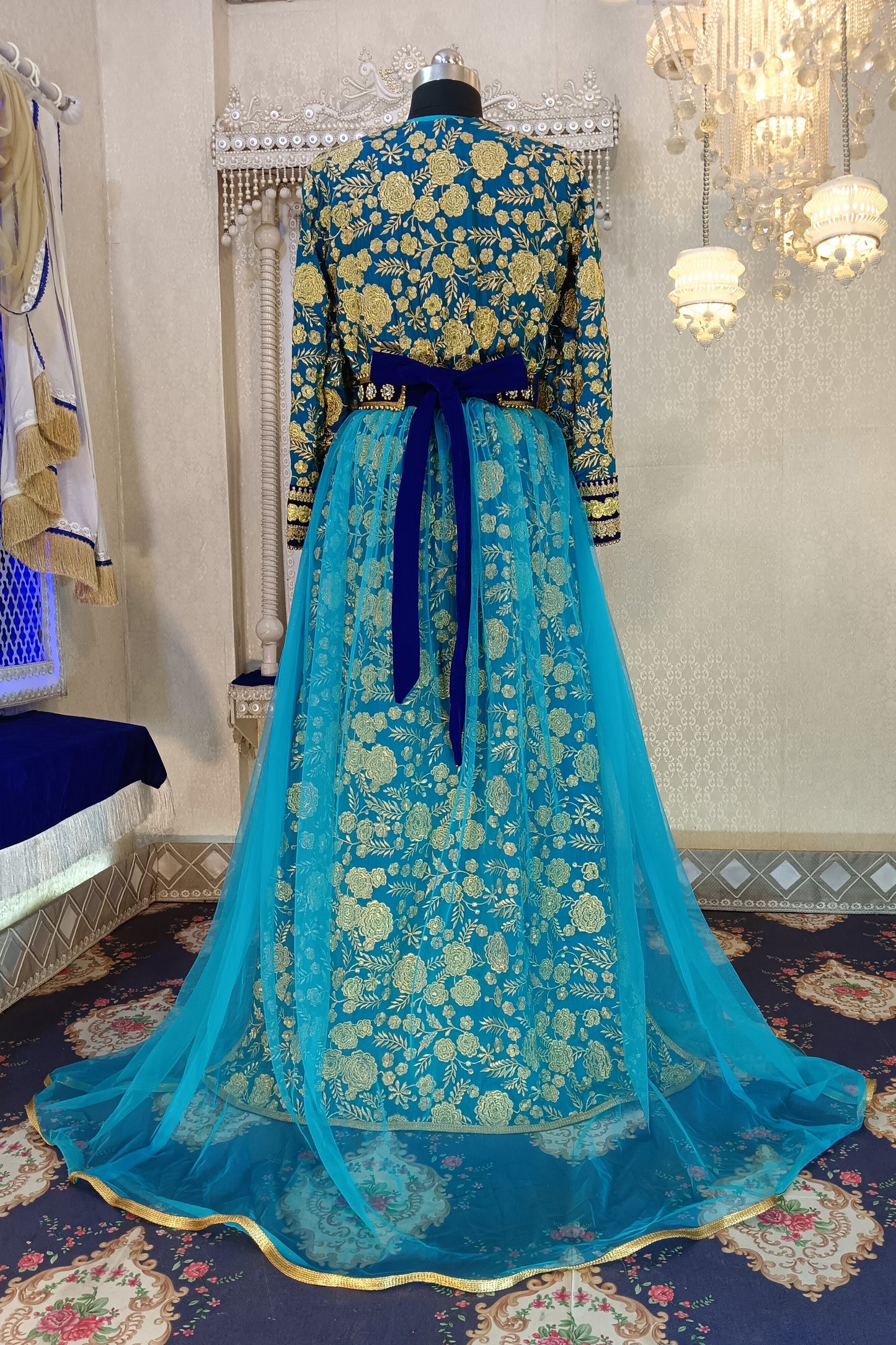 Blue and Firozi Islamic Moroccan Embroidery Kaftan