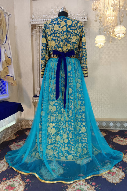 Blue and Firozi Islamic Moroccan Embroidery Kaftan