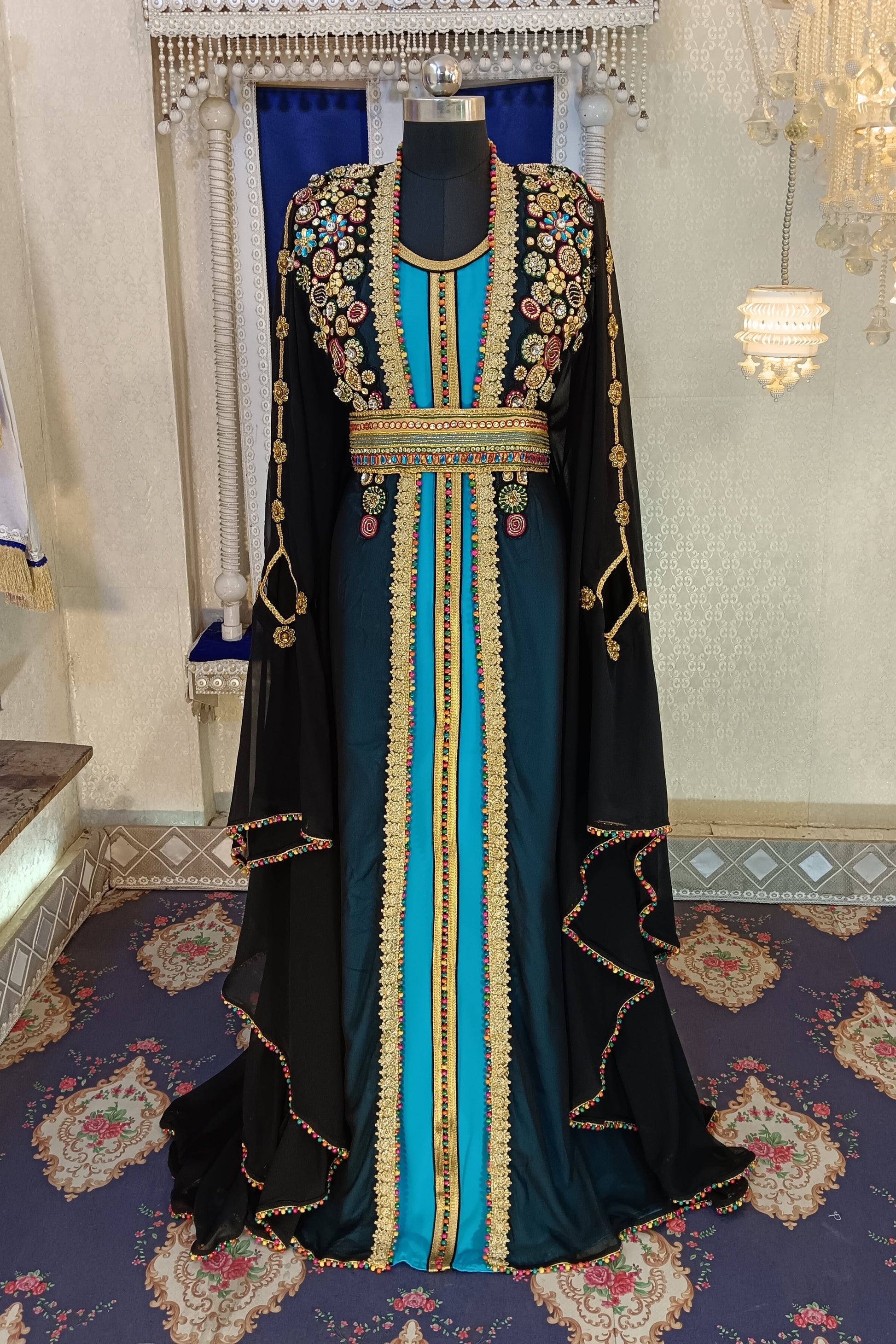 Black and Firozi Wedding Kaftan