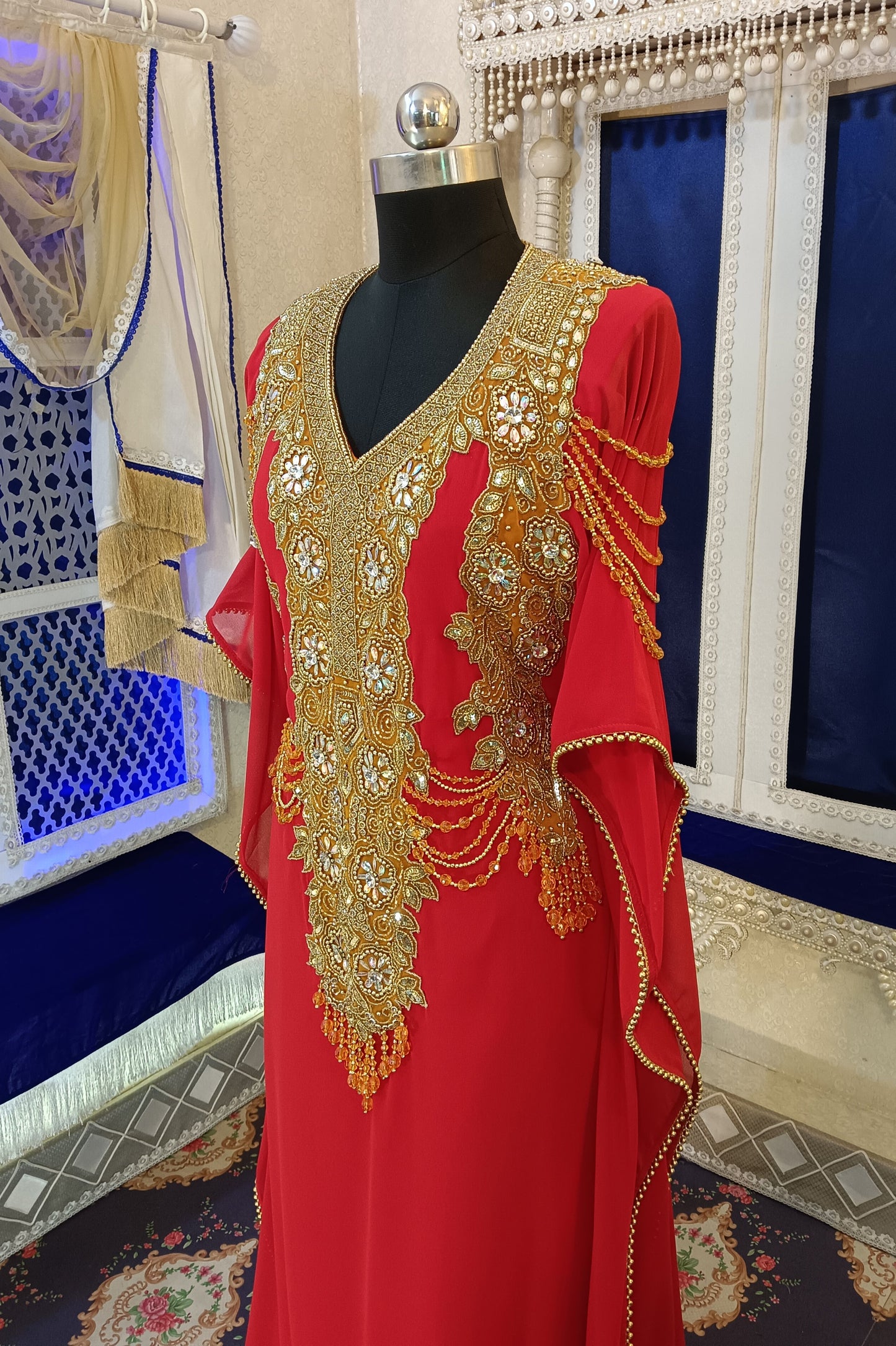 Red Designer Islamic Takchita Caftan Maxi Hand Beaded Long Gown Dress