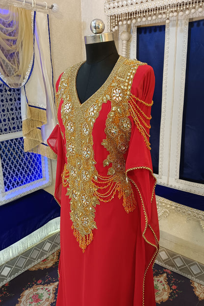 Red Designer Islamic Takchita Caftan Maxi Hand Beaded Long Gown Dress