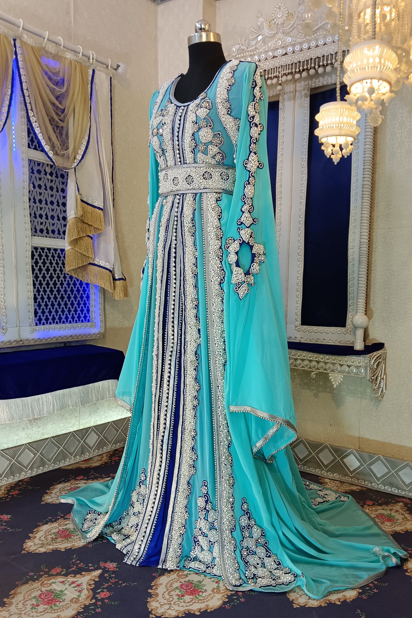 Mint Firozi and Blue Hand Beaded Caftan