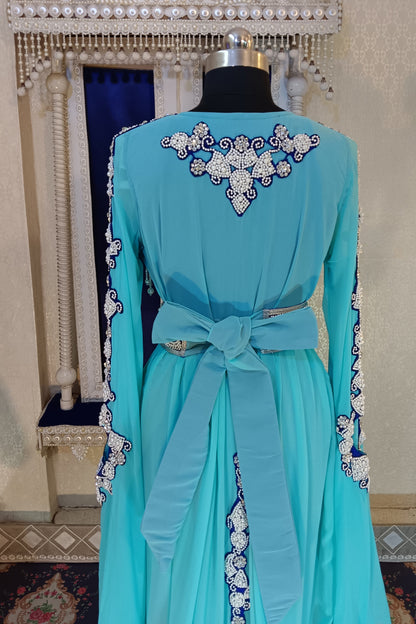 Mint Firozi and Blue Wedding Hand Beaded Moroccan Caftan
