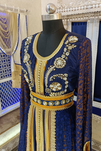 Dark Blue and Mustard Wedding Designer Arabic Moroccan Caftan