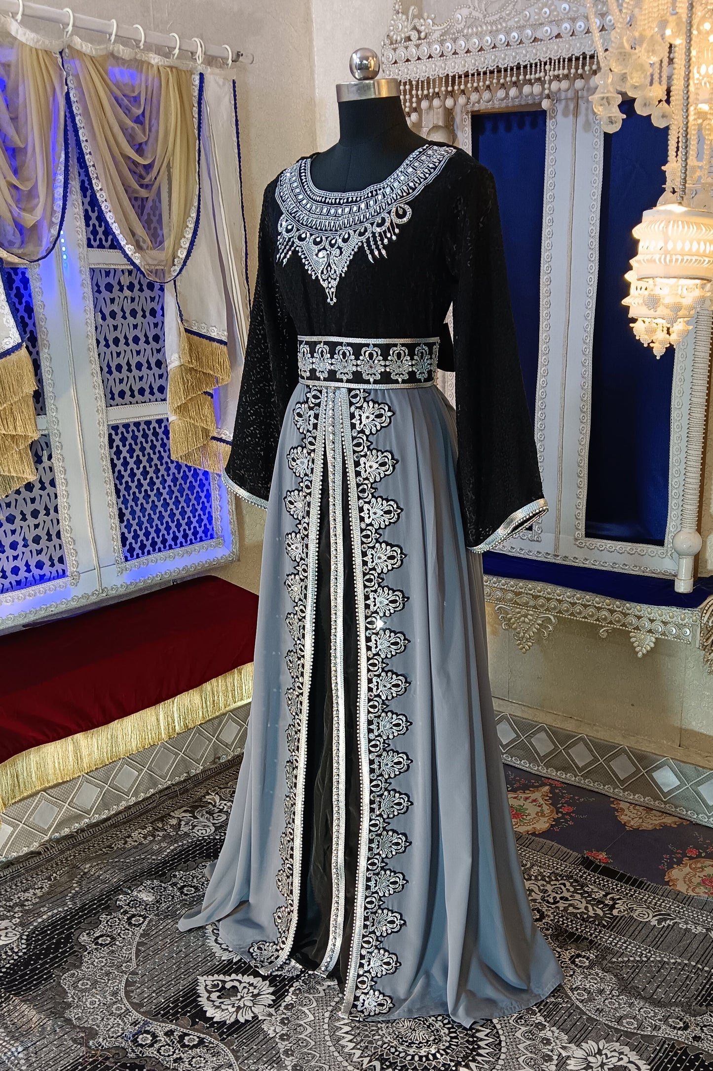 Gray and Black Embroidery Kaftan
