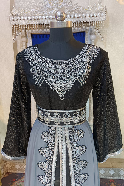 Grey And Black Designer Moroccan Embroidery Kaftan