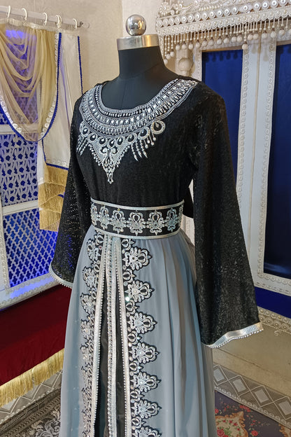 Grey And Black Designer Moroccan Embroidery Kaftan
