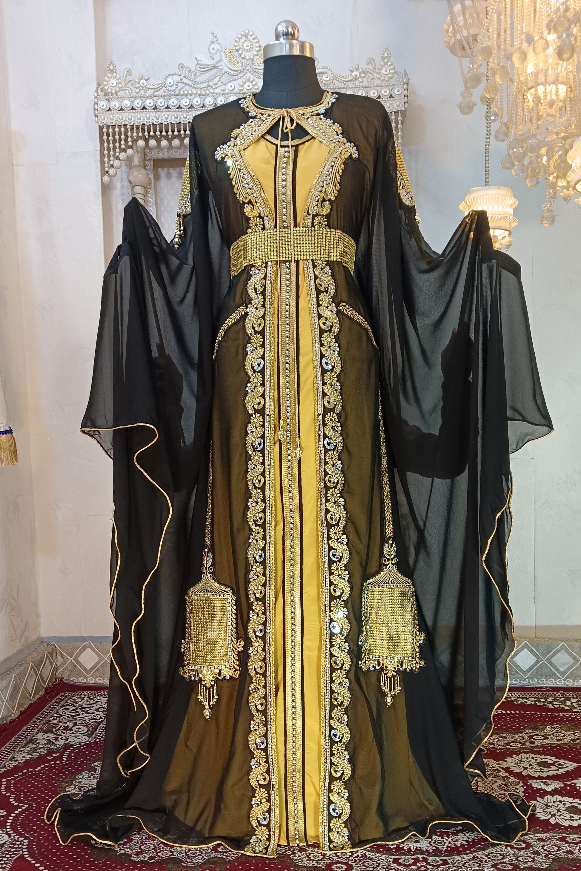 Black and Gold Moroccan Party Wear Dress