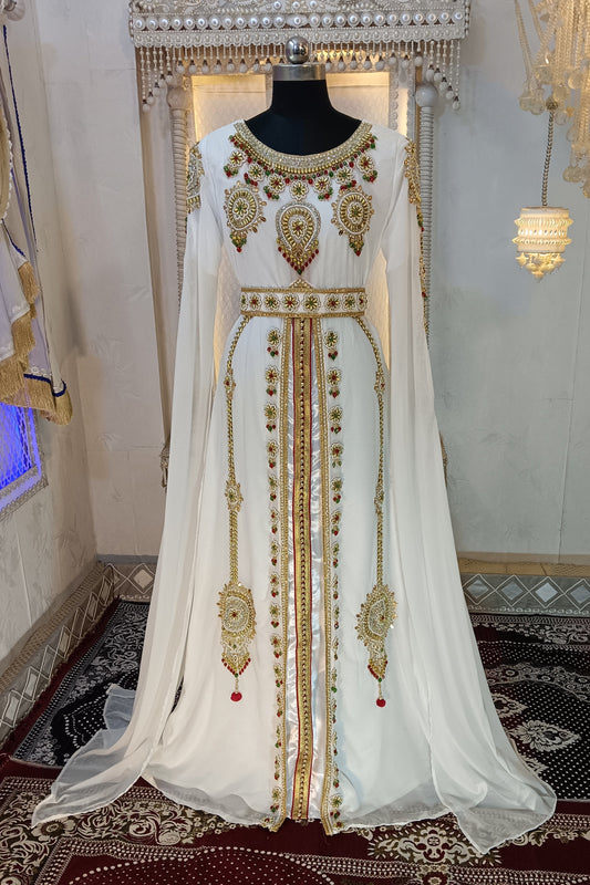 White and Gold Wedding Party Wear Moroccan Kaftan