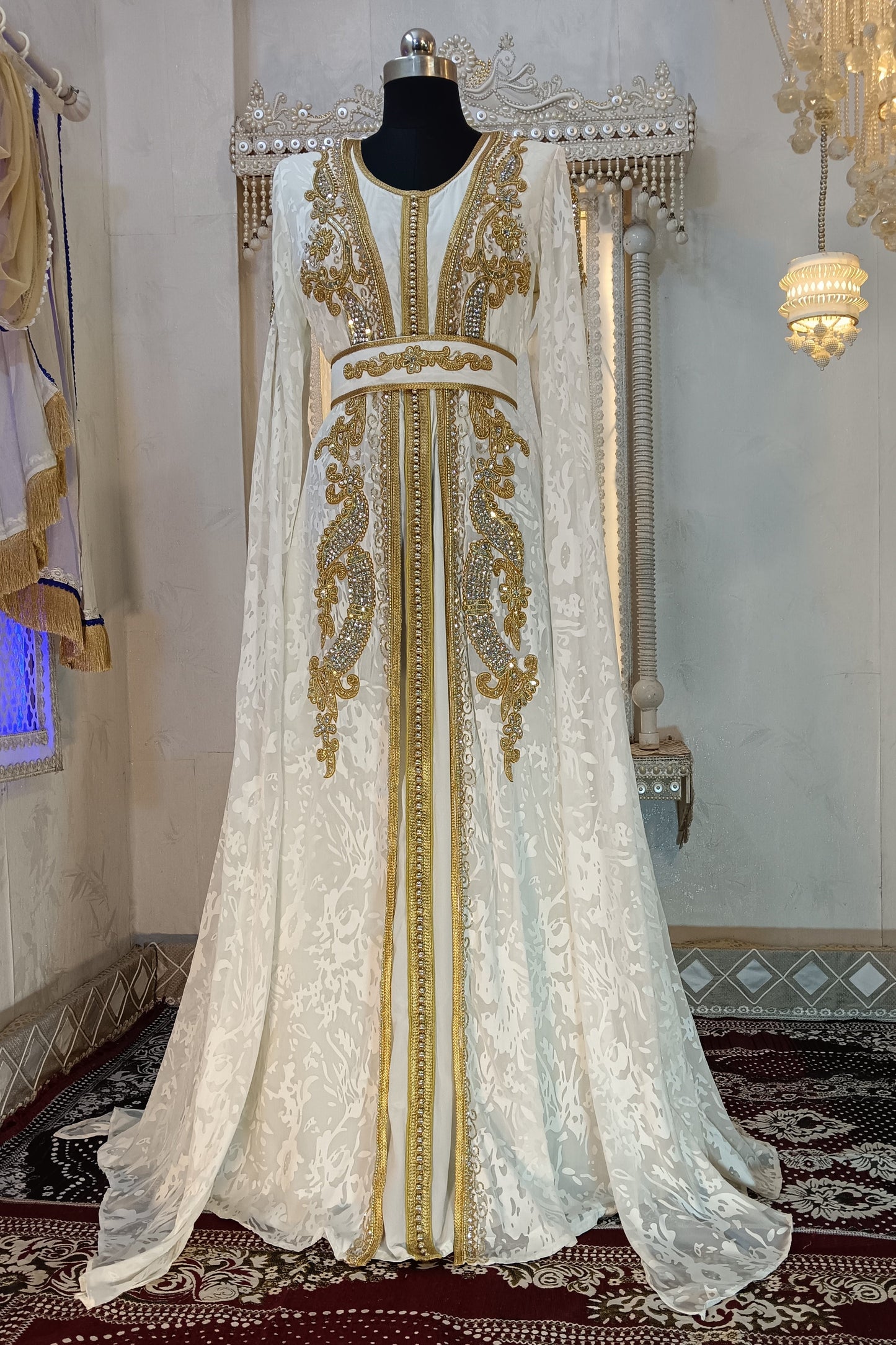 White and Gold Hand Beaded Kaftan