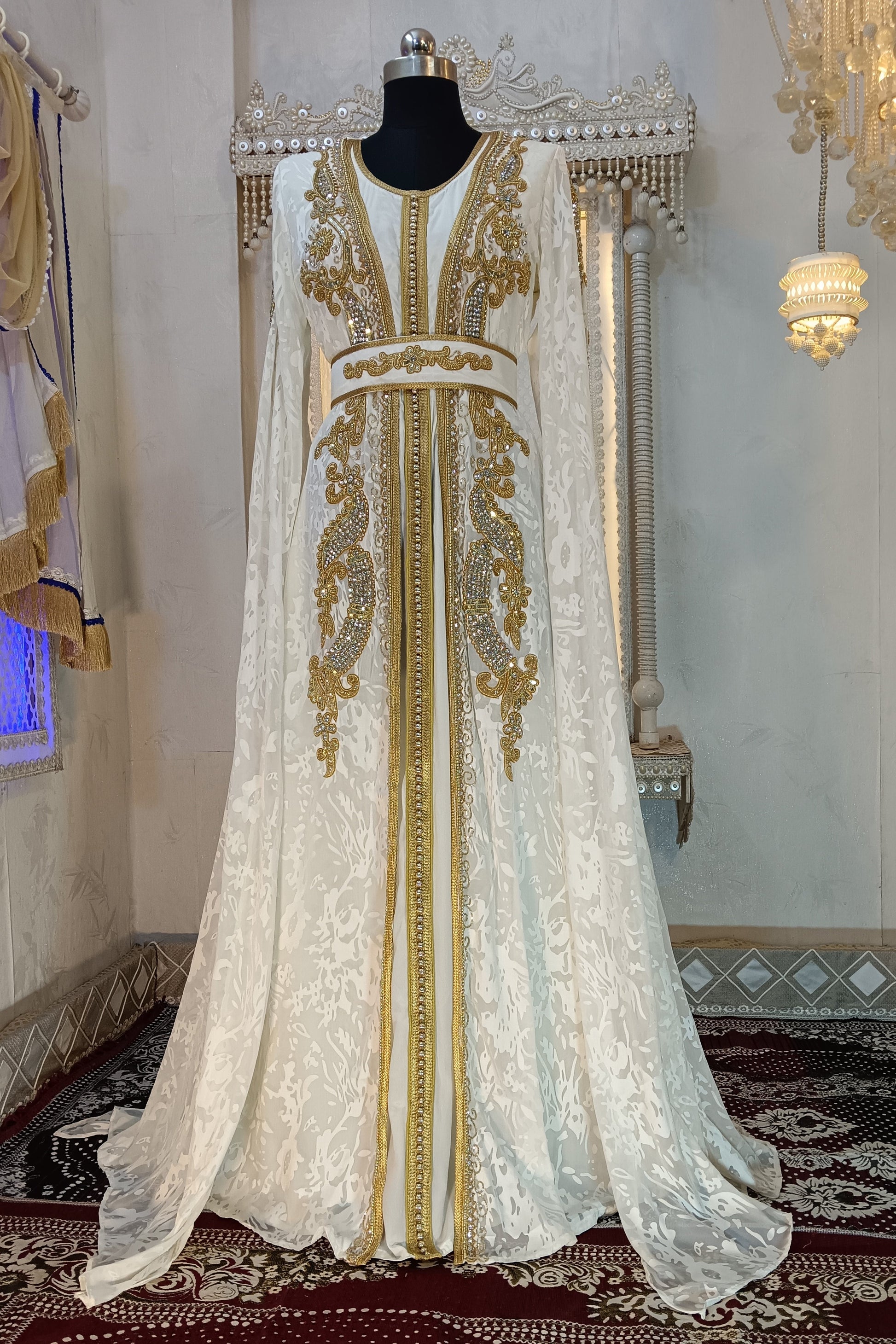 White and Gold Hand Beaded Kaftan
