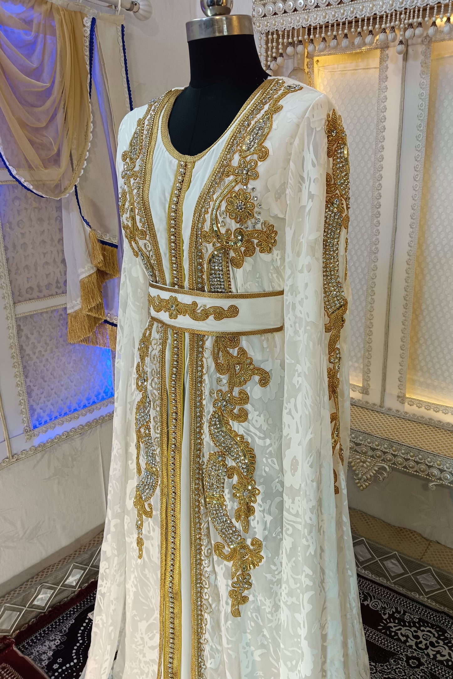 White and Gold Moroccan Hand Beaded Designer Kaftan