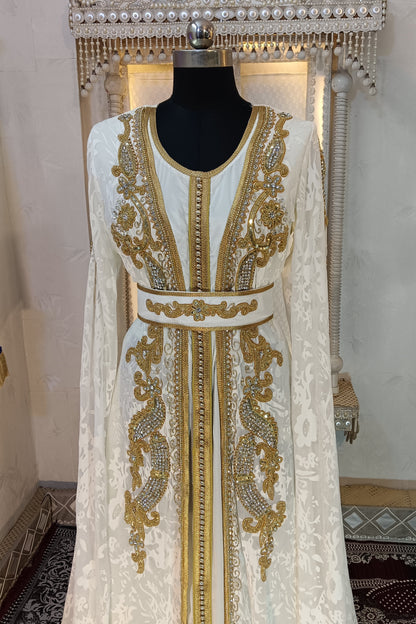 White and Gold Moroccan Hand Beaded Designer Kaftan