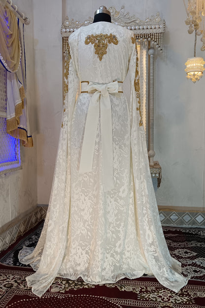 White and Gold Moroccan Hand Beaded Designer Kaftan