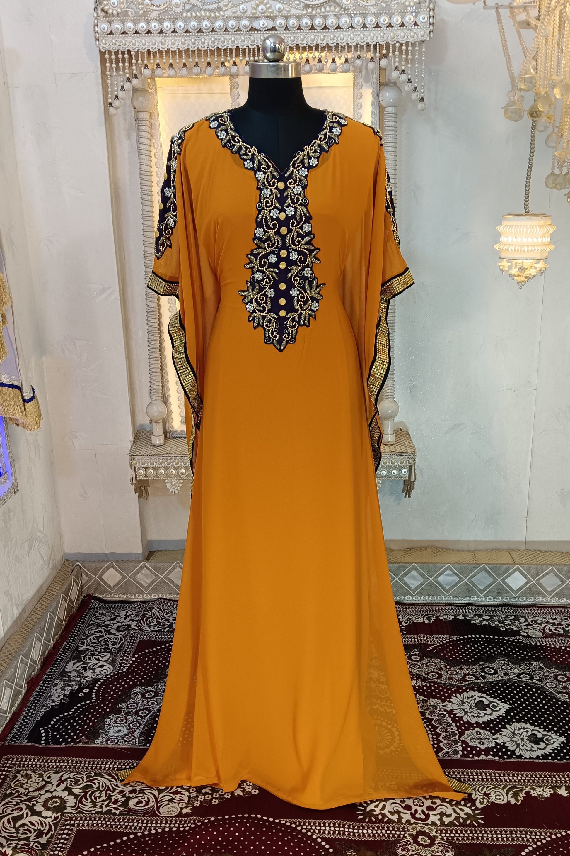 arabic dress designers Designer Kaftan Flowy Arabic Dress with Hand Embroidery and Block print XL / 60 Inches / Matching Embroidered Scarf (24 X 71 Inches)