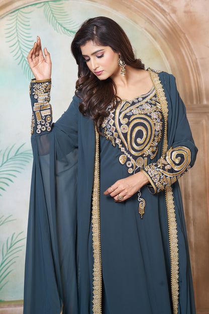 Dark Grey and Black Georgette Islamic Party Wear Kaftan