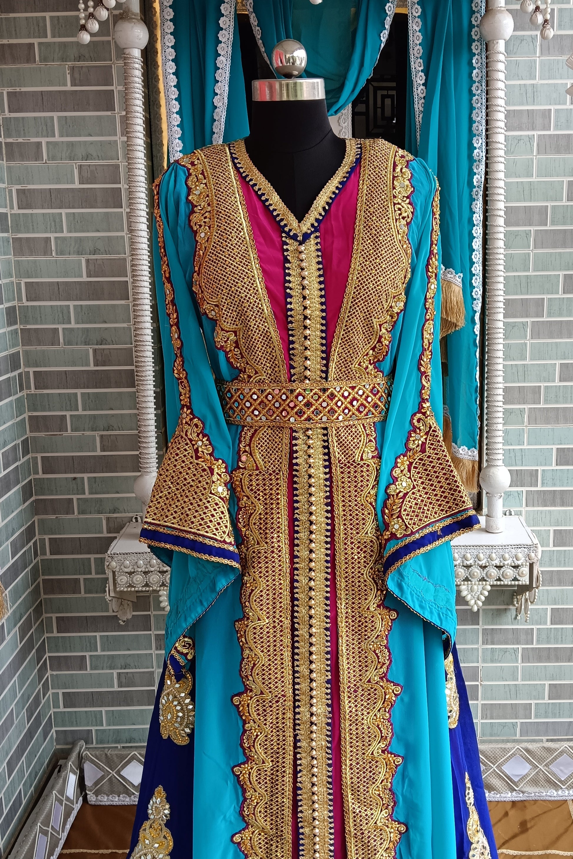 moroccan princess dress Royal Green Velvet Moroccan Kaftan | Brown & Gold Embroidery