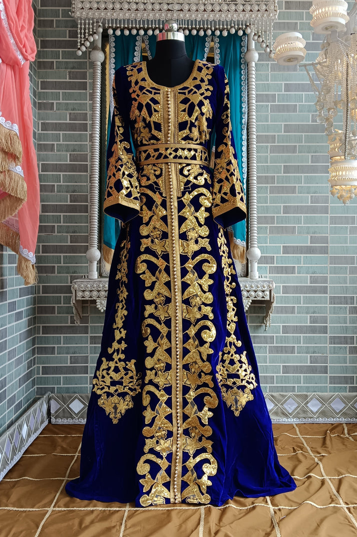 Blue and Gold Velvet Moroccan Israelite Takchita Kaftan for Women ...