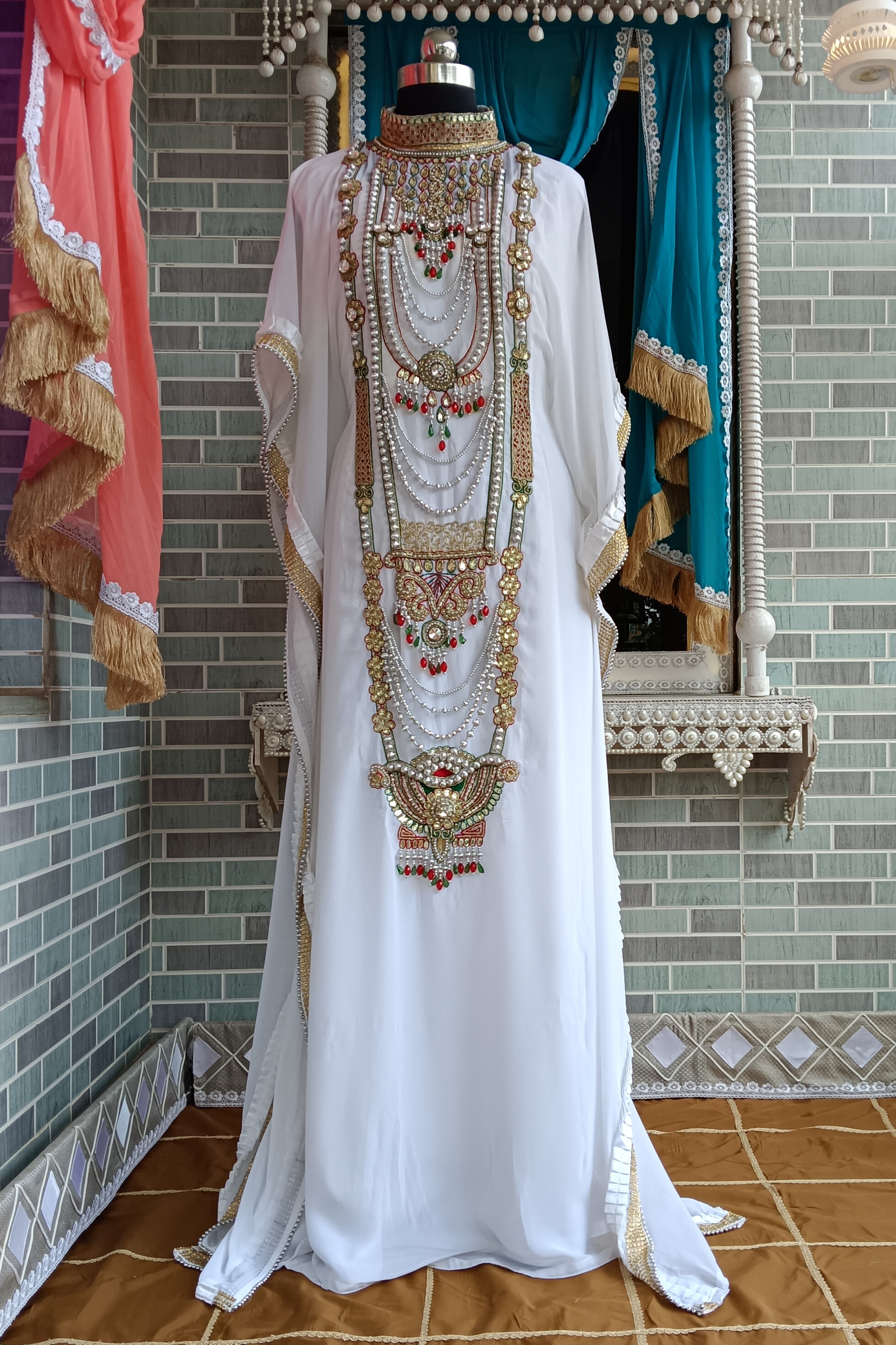 White Designer Islamic Maxi Hand Beaded Takchita Israeli Kaftan Dubai ...