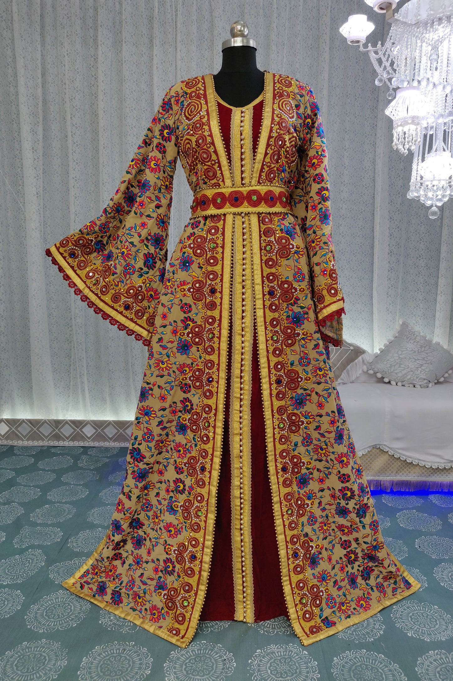 Beige and Maroon Color Moroccan African Caftan