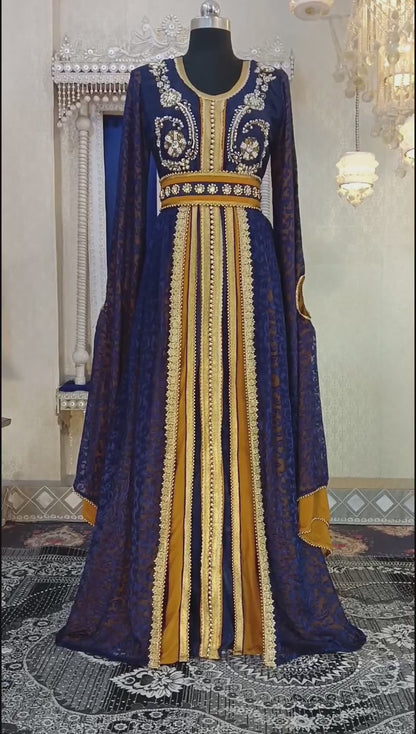 Dark Blue and Mustard Wedding Designer Arabic Moroccan Caftan
