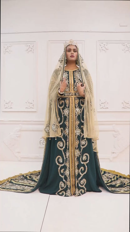 Bottle Green Moroccan Wedding Caftan With Train
