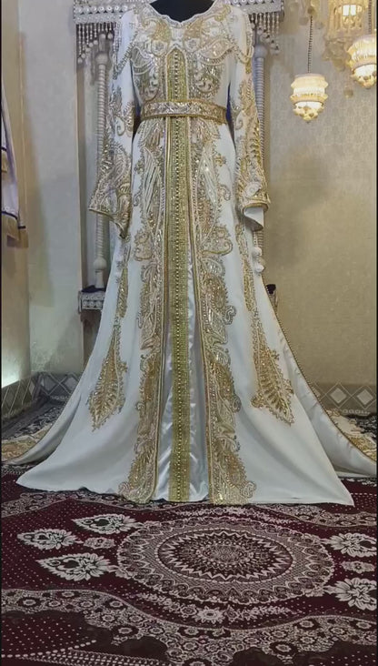 White Moroccan Arabic Party Wear Wedding Kaftan