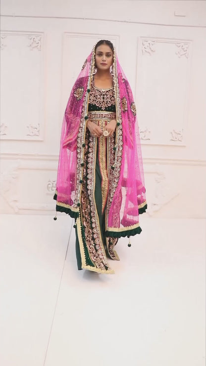 Dark Green Party Wear Wedding Kaftan With Vail