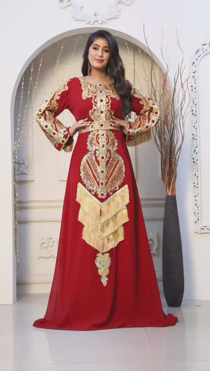 Maroon Arabic Maxi Hand Beaded Kaftan