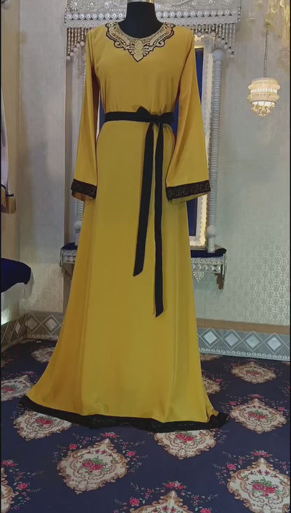 Golden Yellow Designer Embroidery Islamic Takchita Arabic Kaftan