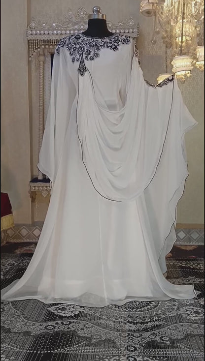 White Dubai Embroidery Islamic Maxi Kaftan Dress