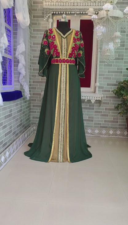 Dark Green Embroidered With Rose Work Kaftan