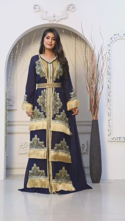 Dark Blue Moroccan Long Sleeve Wedding Kaftan