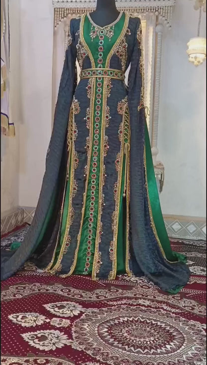 DarkGrey and BottleGreen Islamic Wedding Moroccan Kaftan