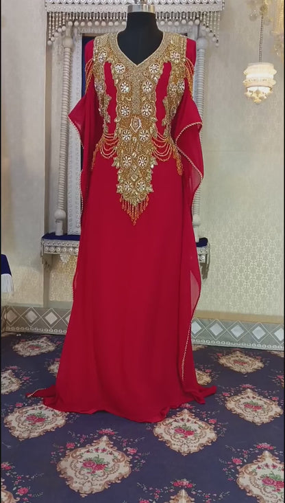 Red Designer Islamic Takchita Caftan Maxi Hand Beaded Long Gown Dress