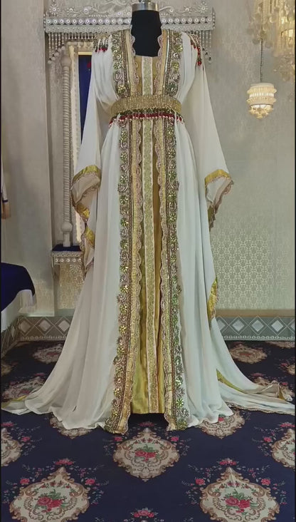 Off White and Gold Designer Islamic Moroccan Kaftan