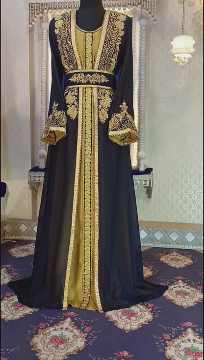 DarkBlue and GoldenYellow Islamic Designer Moroccan Kaftan