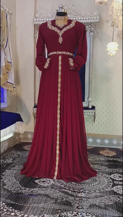 Maroon Designer Wedding Kaftan Moroccan Party Wear Kaftan