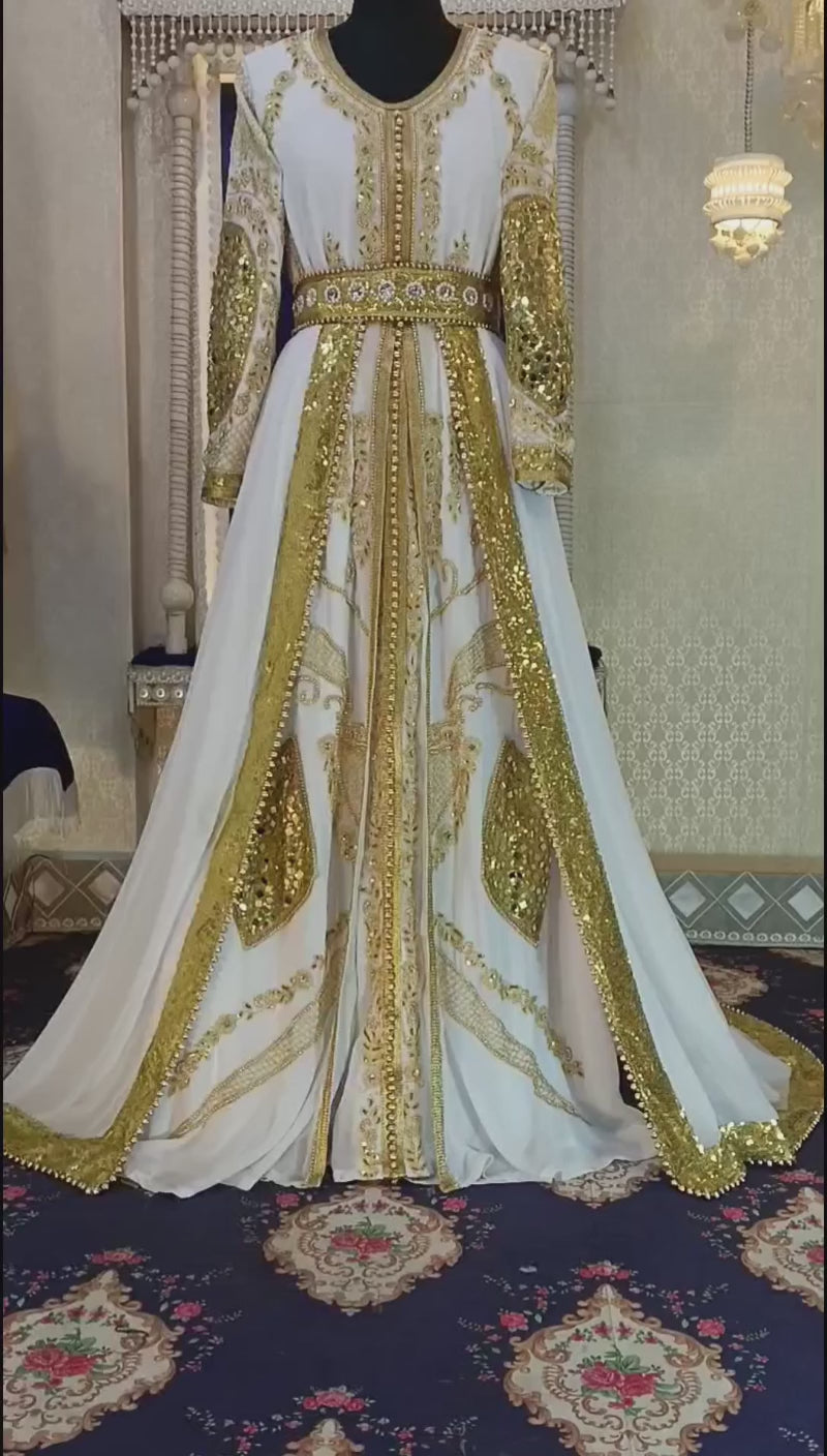 White Unique Designe Wedding Hand Beaded Moroccan Long Sleeve