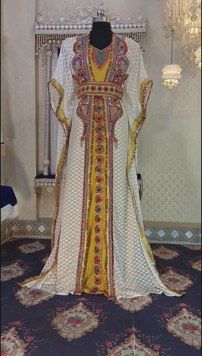 Off White and Gold Unique Design Islamic Takchita Caftan