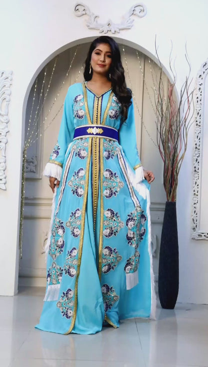 Firozi And Blue Embroidered Moroccan Caftan