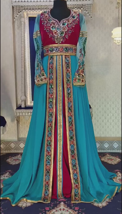 Pink and Firozi Wedding Moroccan Kaftan