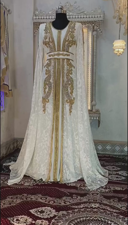 White and Gold Moroccan Hand Beaded Designer Kaftan