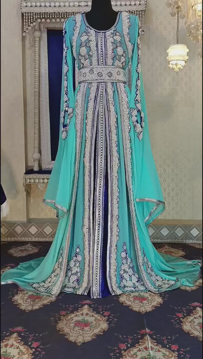 Mint Firozi and Blue Wedding Hand Beaded Moroccan Caftan