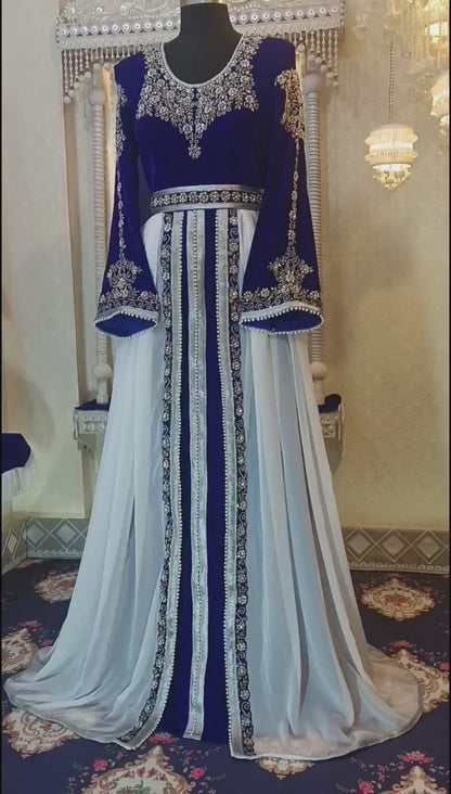 Arabic Blue and White Long Sleeve Wedding Kaftan