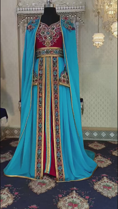 Pink and Firozi Wedding Designer Moroccan Arabic Party Wear Kaftan