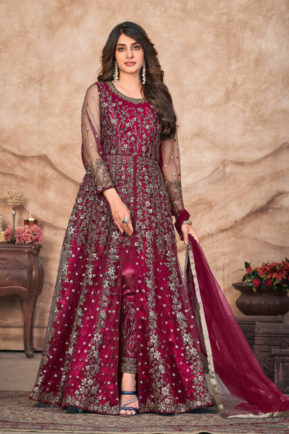 Maroon Partywear Embroidery Anarkali Suit